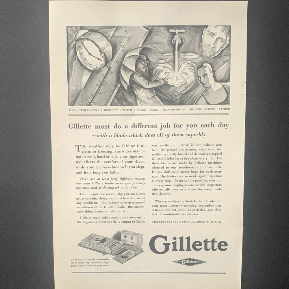 Vintage 1928 Gillette Different Job Each Day Ad Advertisement